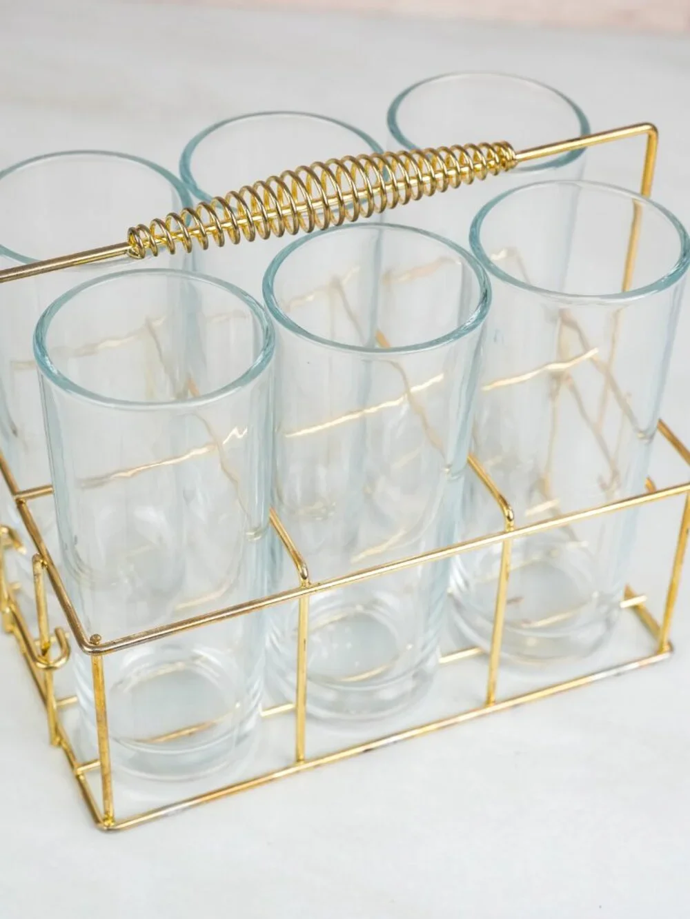 Gold Wire Drink Caddy With Glasses 6 Piece Set